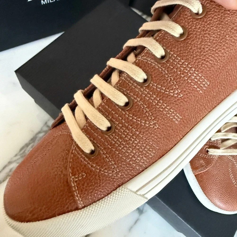 Prada‎ Milano 2EE448 Mens Brown Pebbled Leather Low Top Sneakers, UK 8.5
